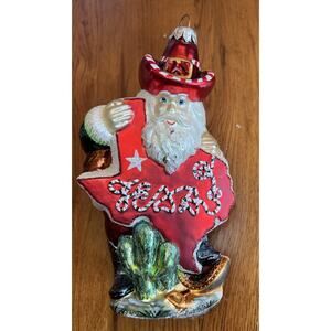 Vintage Blown Glass Ornament Texas Santa Large 7" Tall made in Poland Cowboy
